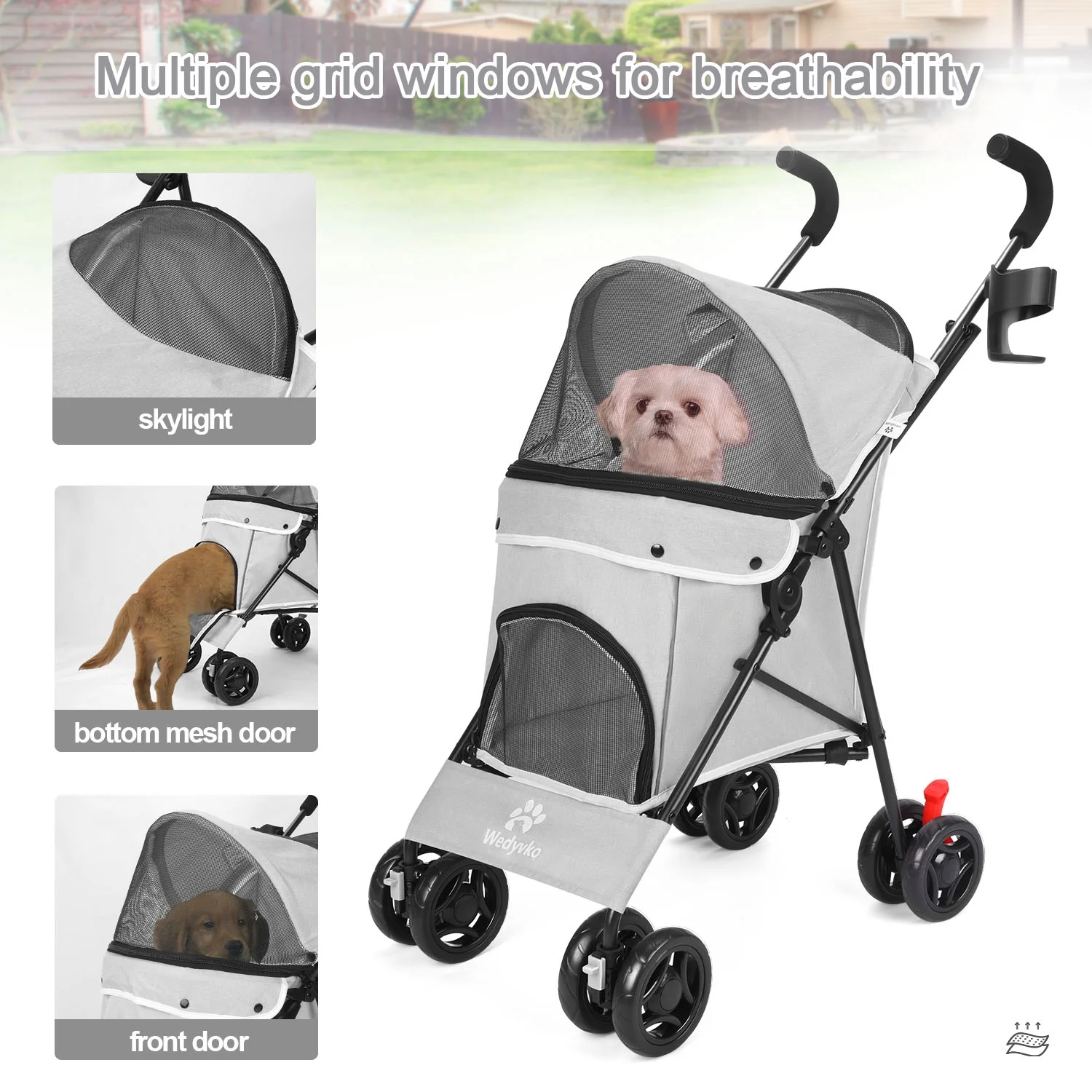 4 Wheel Foldable Cat Dog Stroller with Storage Basket. Handle 360° Front Wheel Rear Wheel with Brake for Small Medium Dogs & Cats-Gray