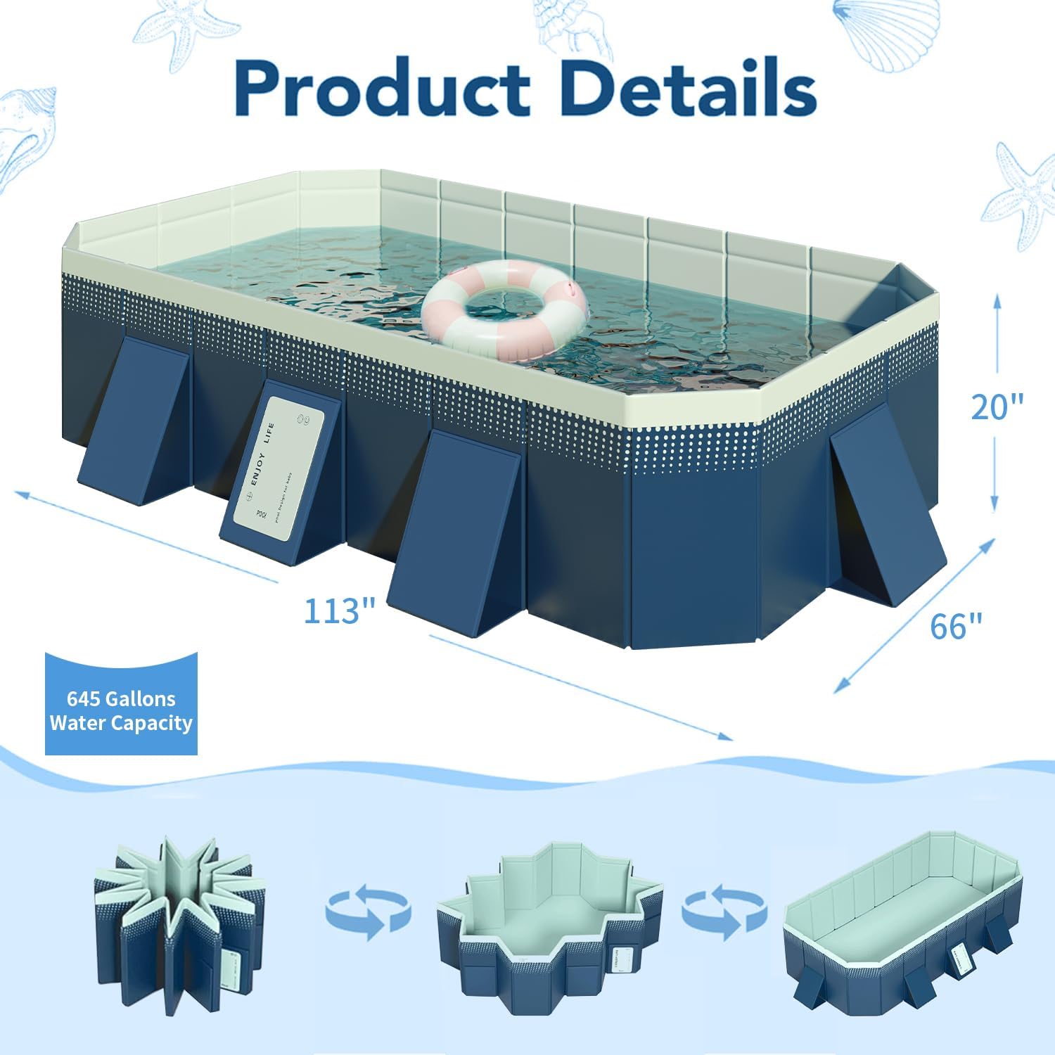 Foldable Non-Inflatable Kids' and Adults' Outdoor Swimming Pool - Hard Plastic Shell. Kid Pool for Backyard Dog Pools (158 x 76 x 20)