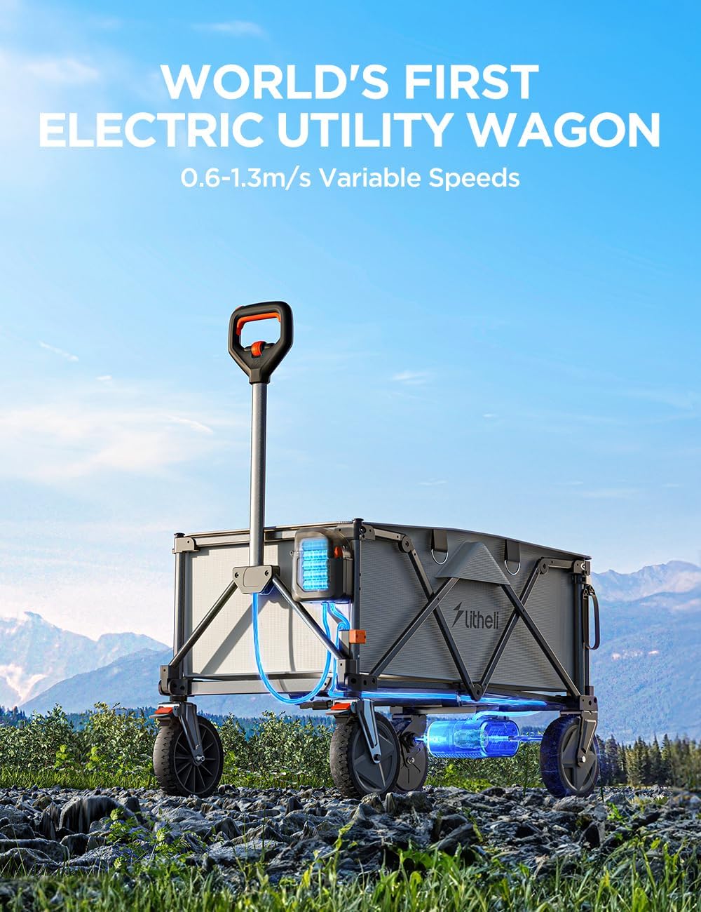 Electric Utility Wagon with 8 All-Terrain Wheel. Pure Electric Drive Collapsible Wagon for Camping. Garden. Shopping. Grey with Egg Roll Folding Table