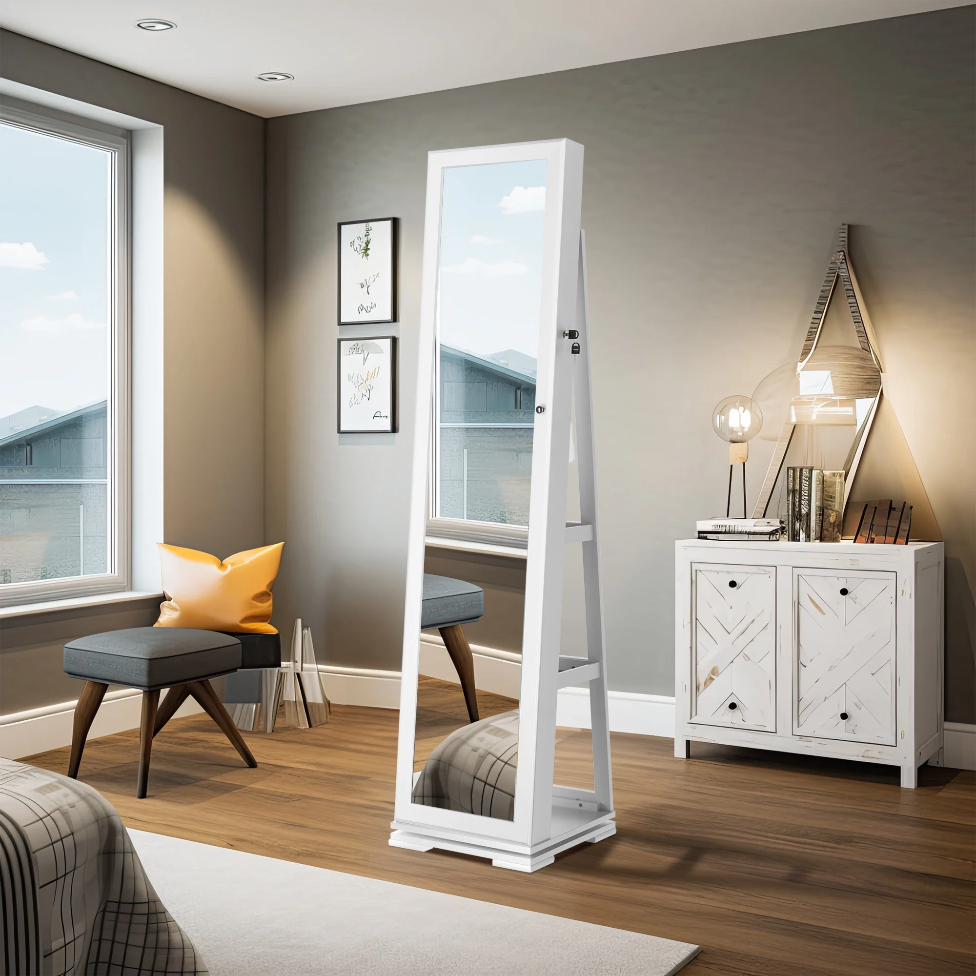 Dextrus Mirror Jewelry Cabinet 360�� Rotating Jewelry Armoire Storage Box w/ Full Length Mirror Jewelry Organizer - White