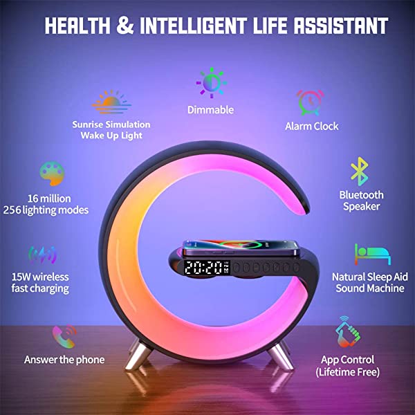 🔥Wireless Charger Atmosphere Lamp,4 in 1 Bluetooth Speaker Music Clock Alarm🔥🔥🔥