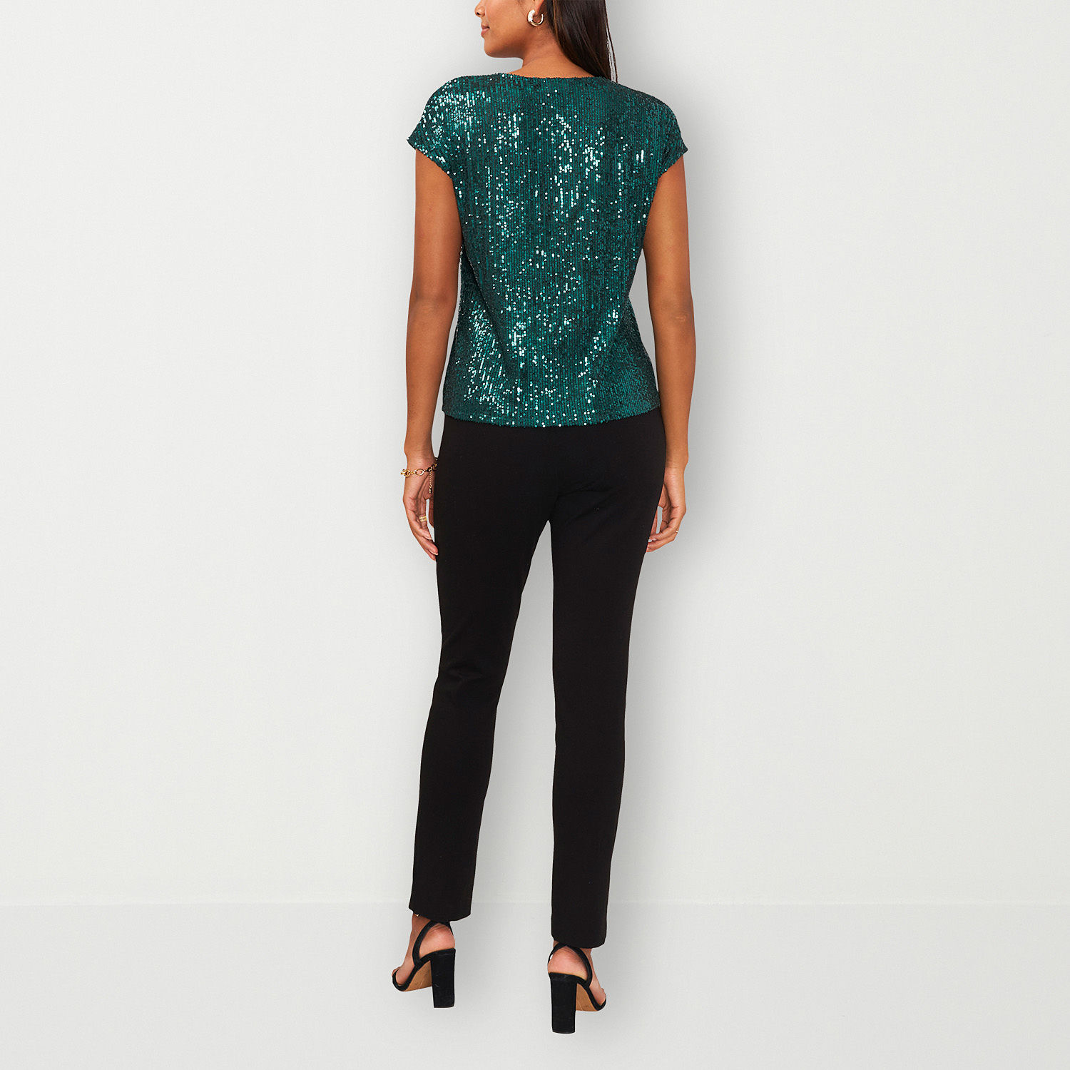 MSK Sequin Womens V Neck Short Sleeve Blouse