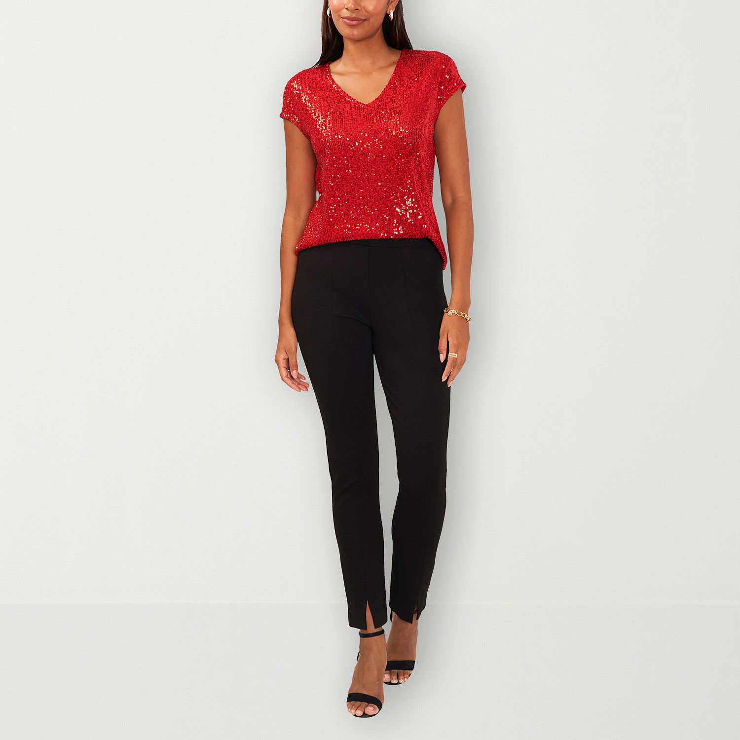MSK Sequin Womens V Neck Short Sleeve Blouse
