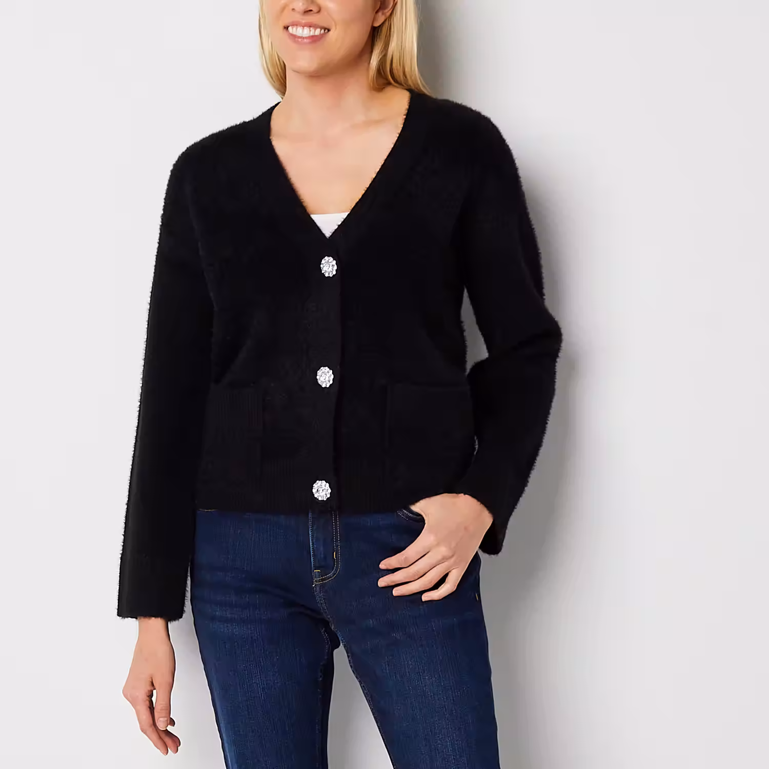 Liz Claiborne Womens V Neck Long Sleeve Button Cardigan
