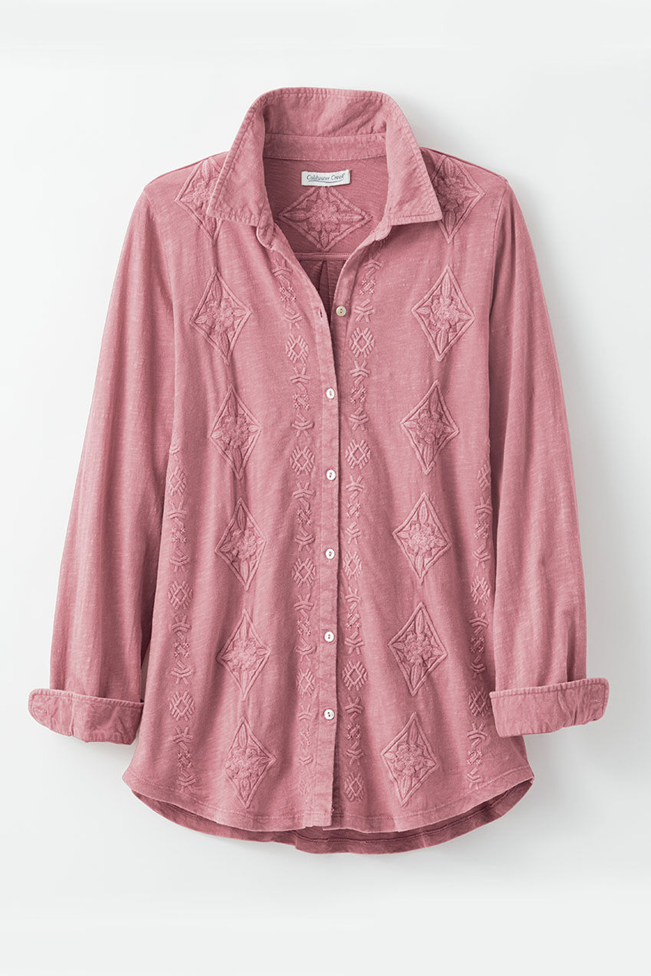Medallions in Line Button-Front Embroidered Tunic