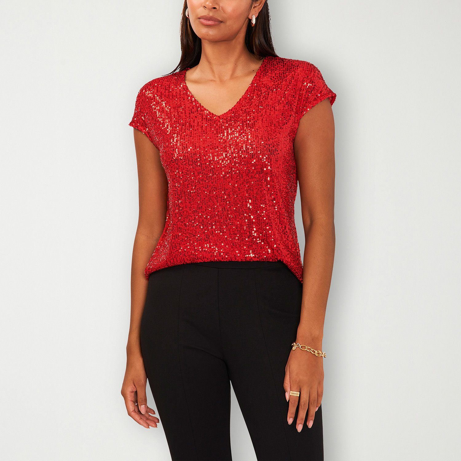 MSK Sequin Womens V Neck Short Sleeve Blouse