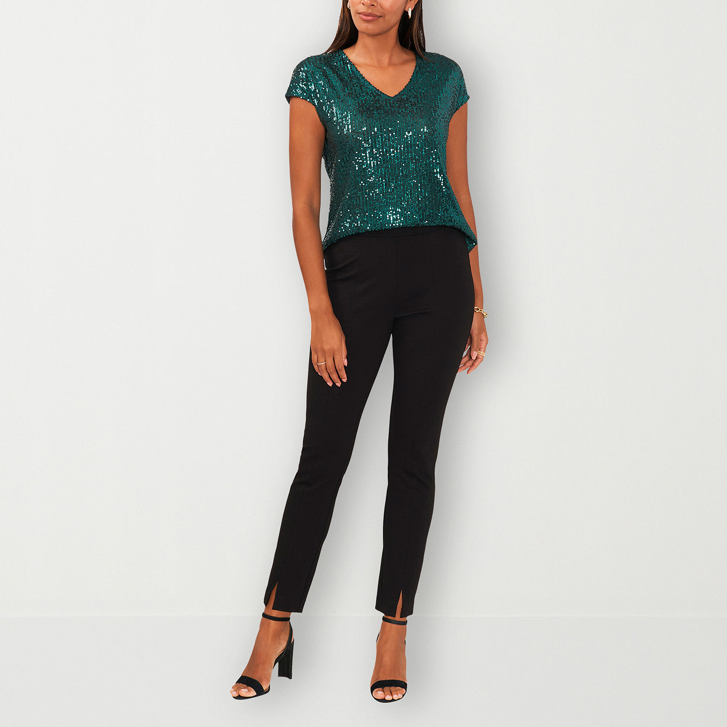MSK Sequin Womens V Neck Short Sleeve Blouse