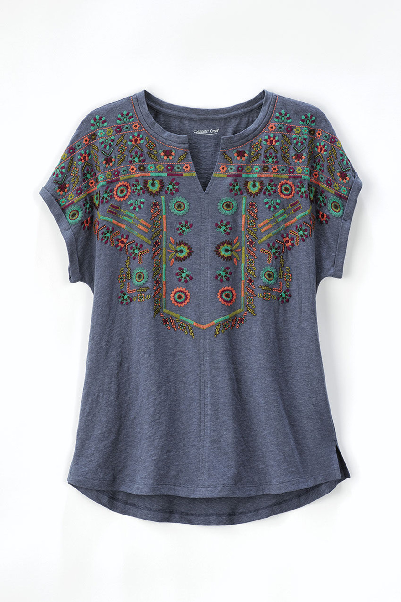 Embroidered Split Neck Slub Tee