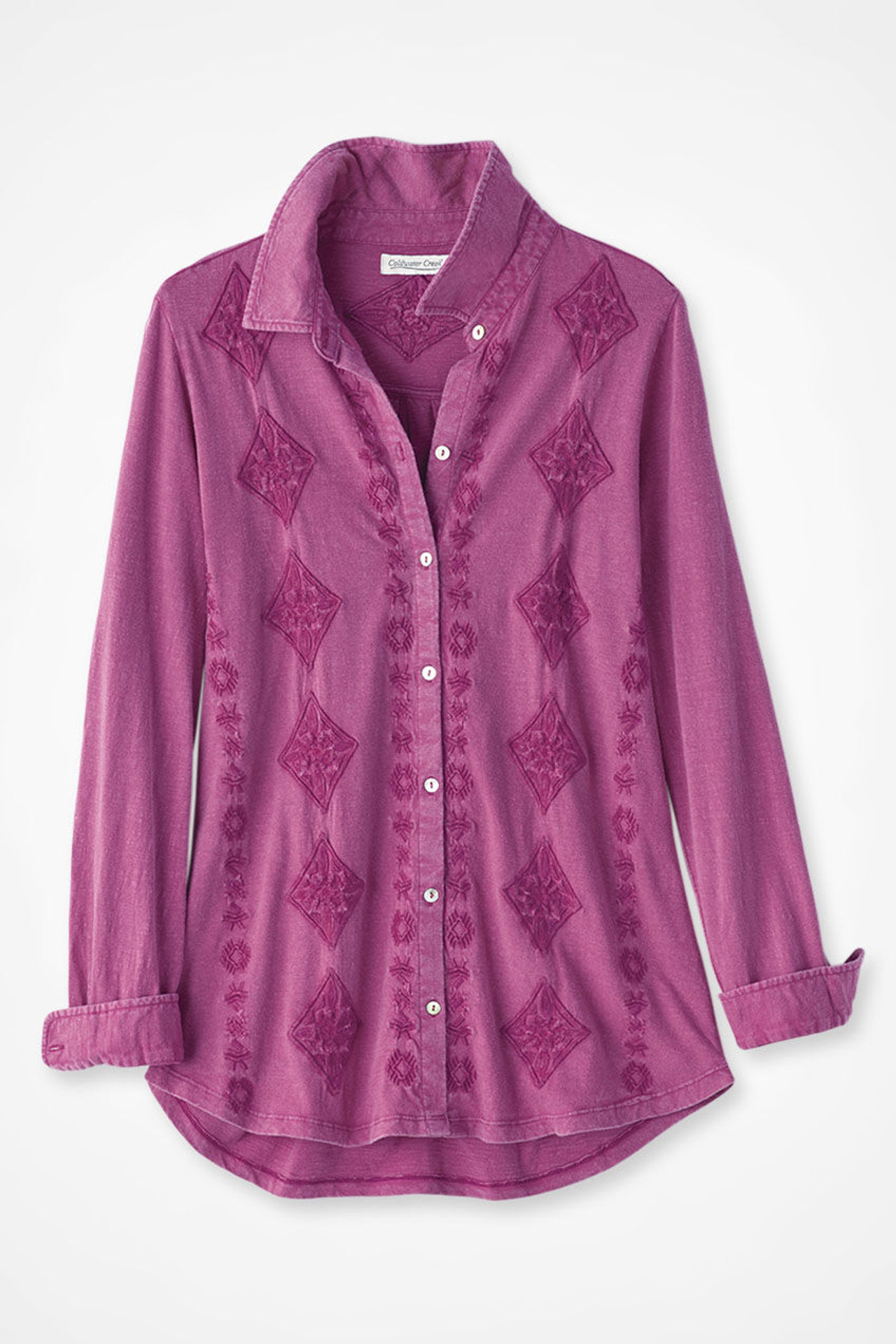 Medallions in Line Button-Front Embroidered Tunic