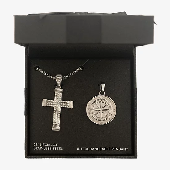 Mens Black Cubic Zirconia Stainless Steel Cross Pendant Necklace