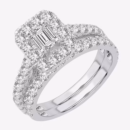 Womens 2 CT. T.W. Mined White Diamond 10K White Gold Halo Bridal Set