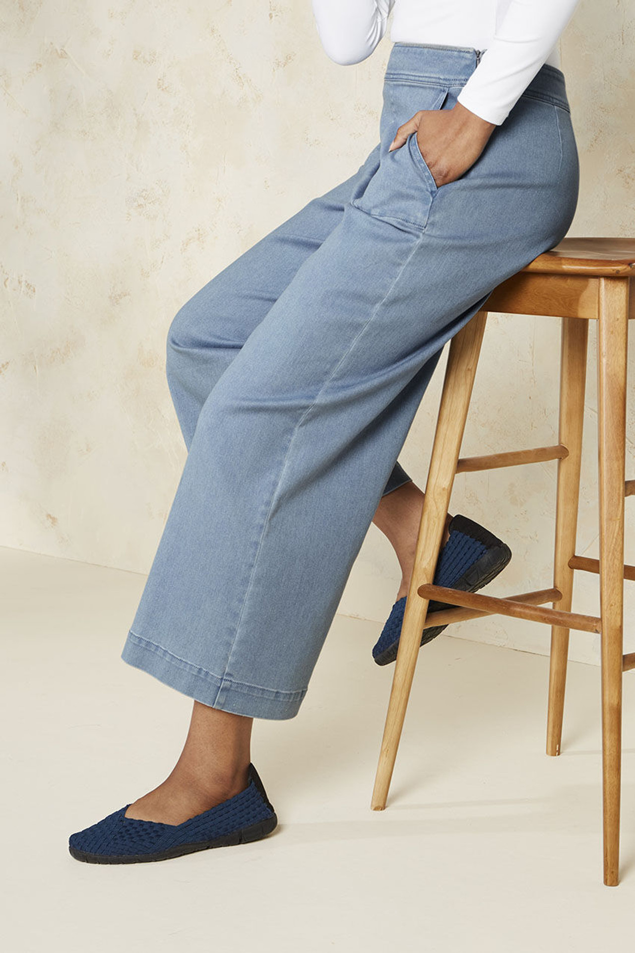 Knit Denim Wide Leg Ankle Jeans