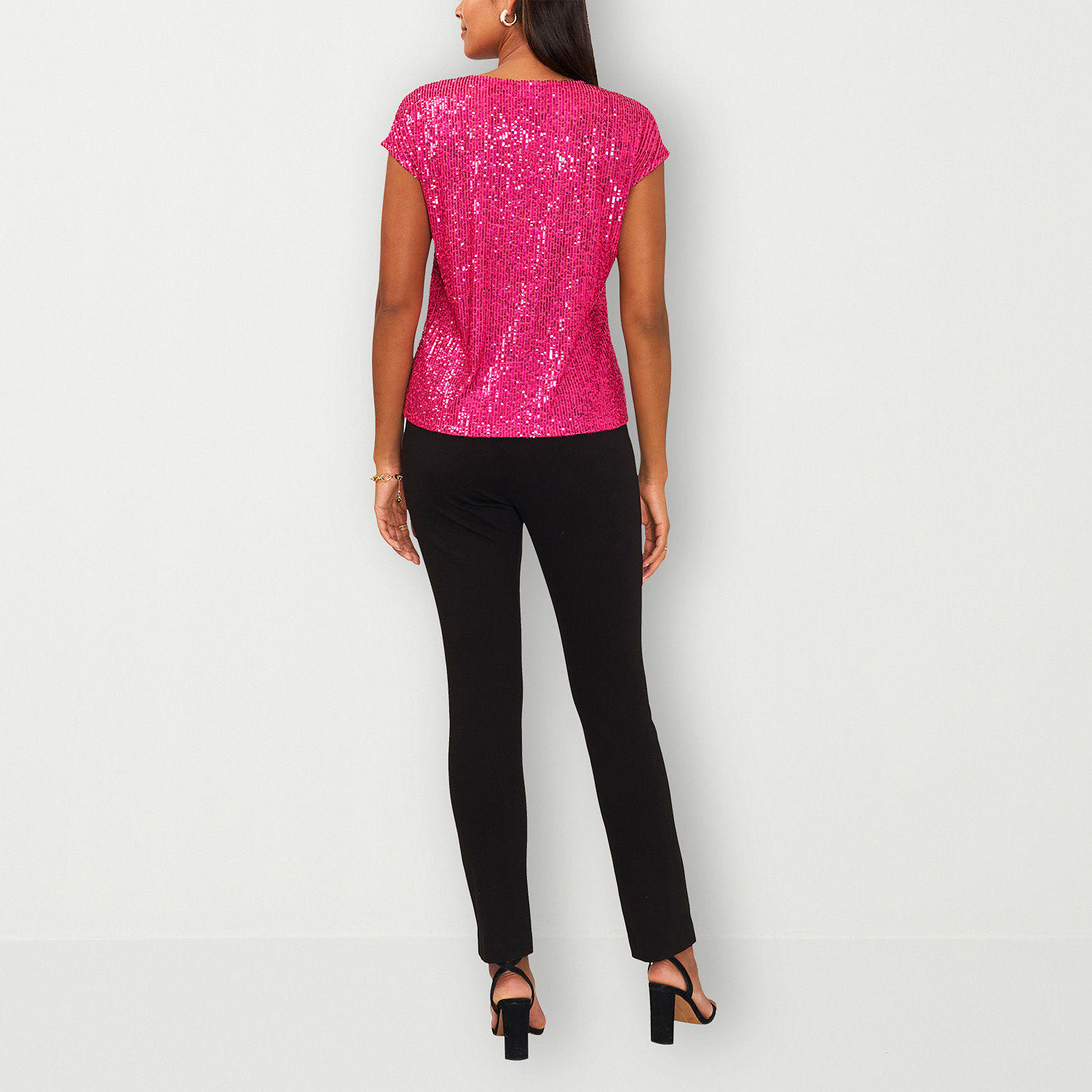 MSK Sequin Womens V Neck Short Sleeve Blouse