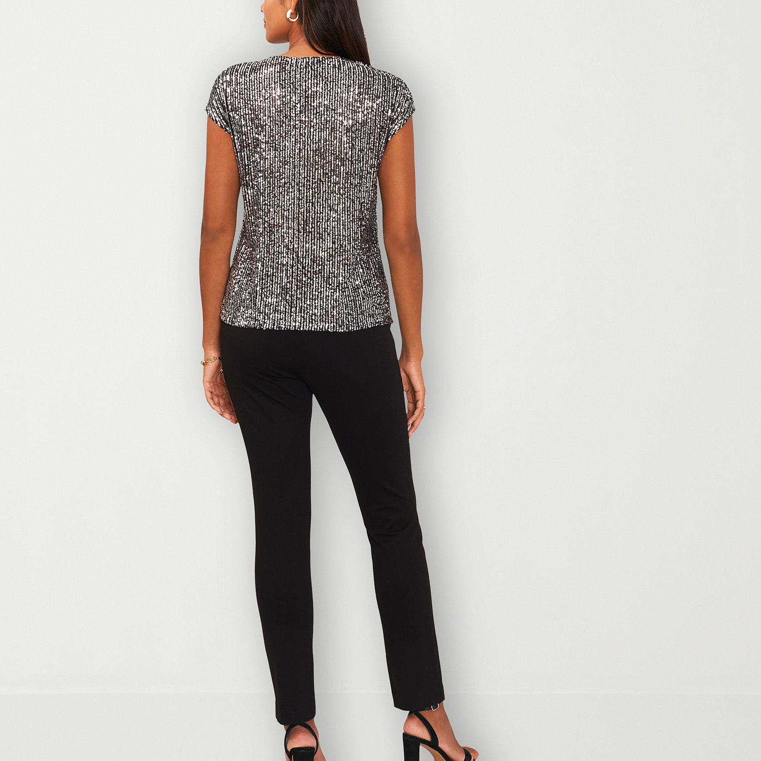 MSK Sequin Womens V Neck Short Sleeve Blouse