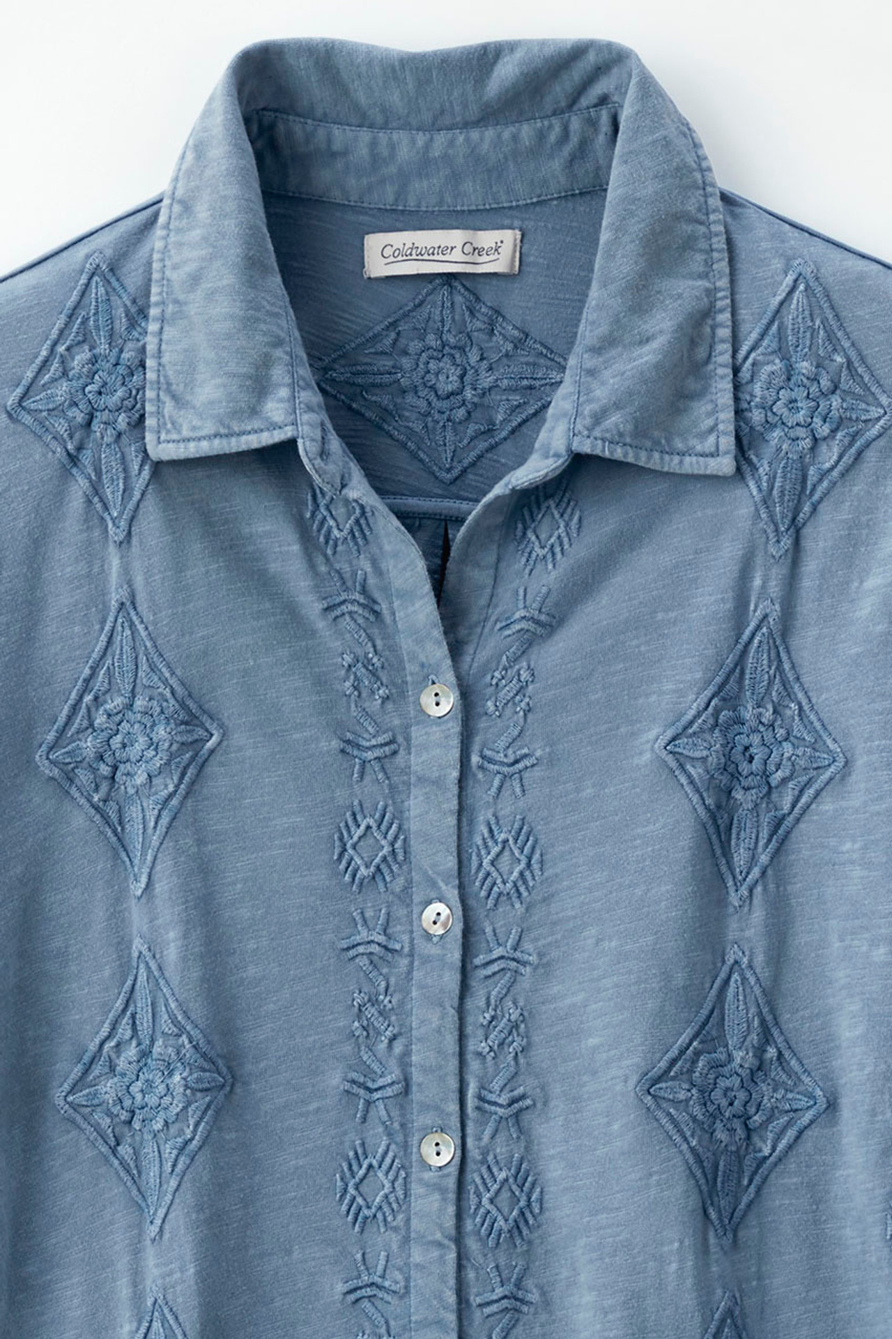 Medallions in Line Button-Front Embroidered Tunic