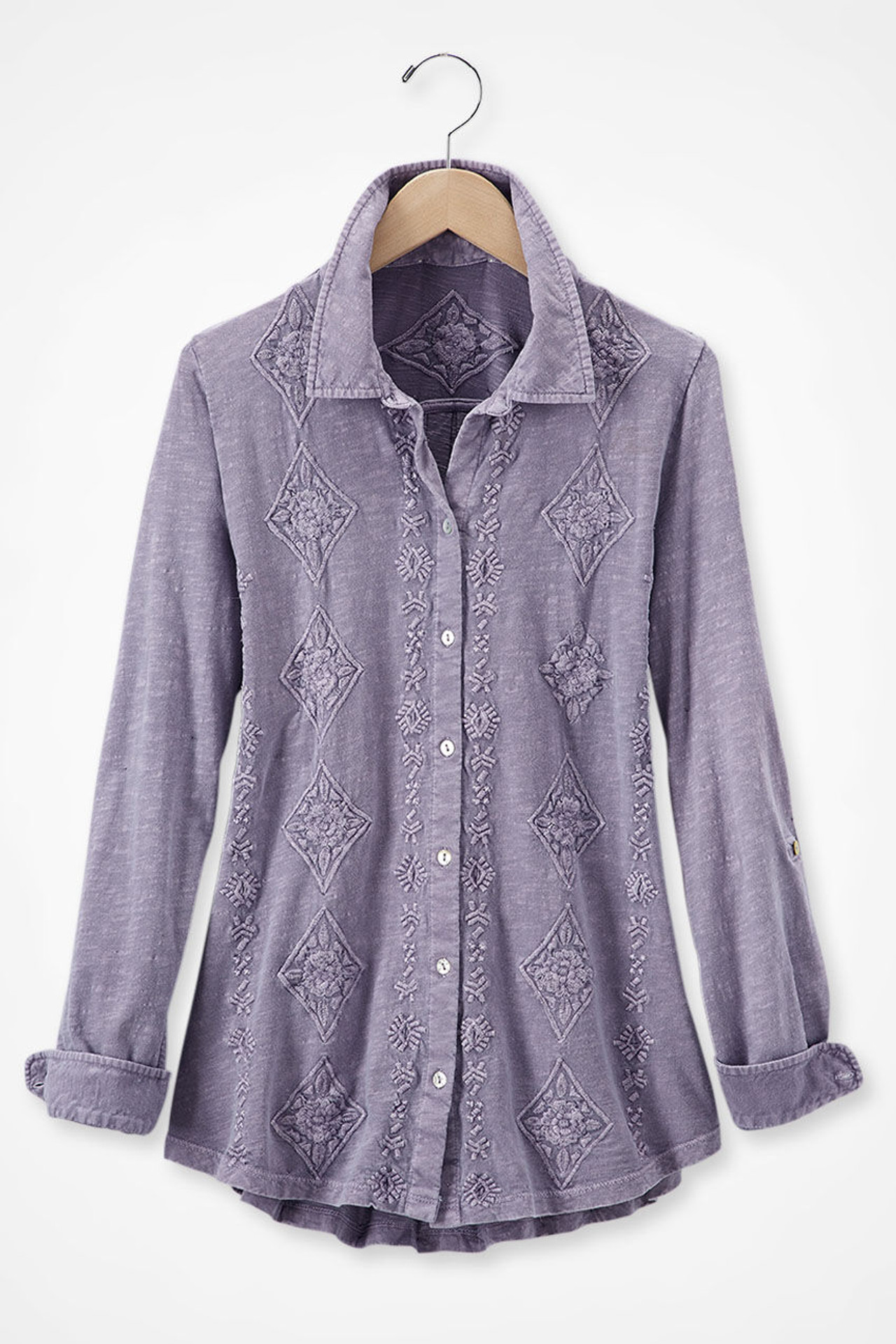 Medallions in Line Button-Front Embroidered Tunic