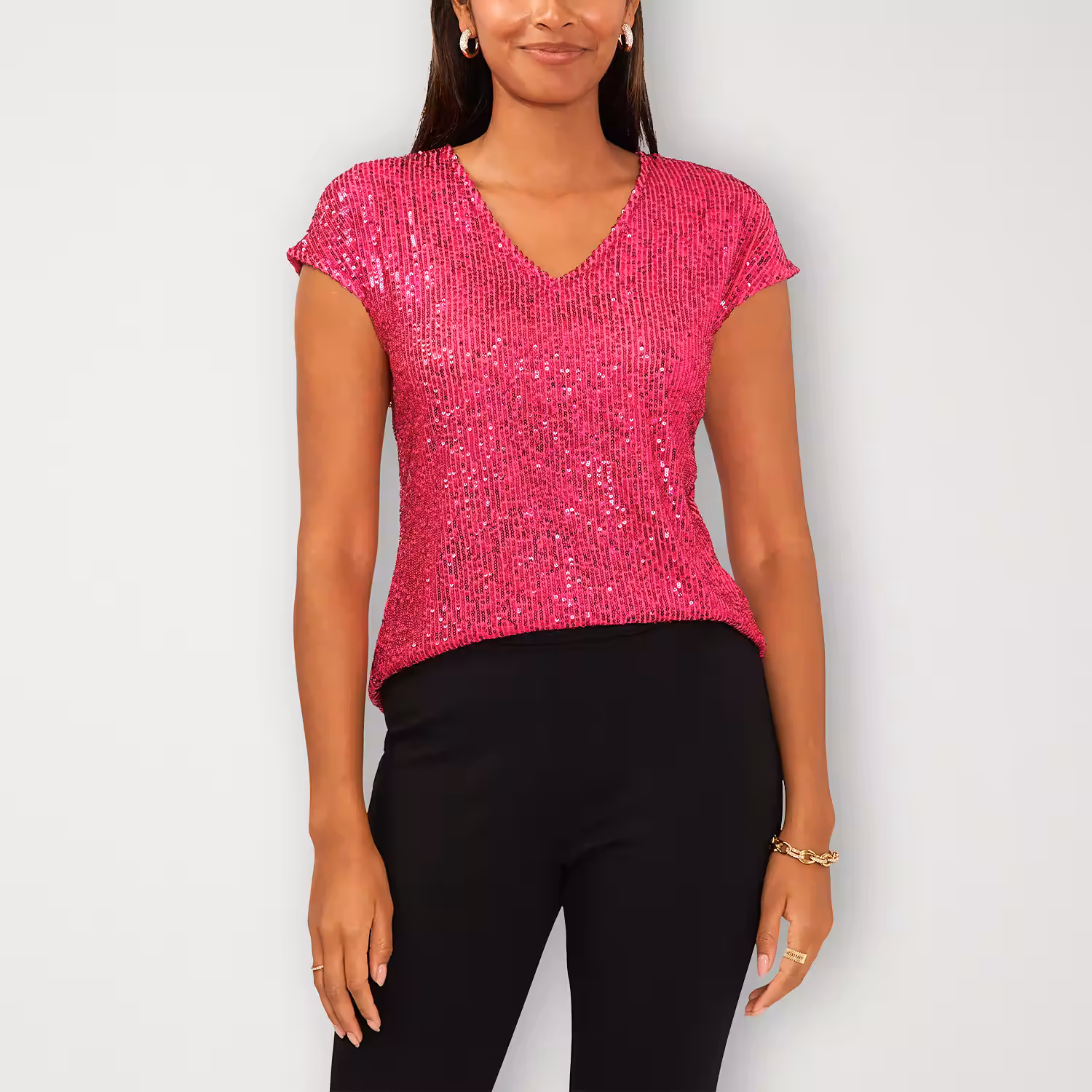 MSK Sequin Womens V Neck Short Sleeve Blouse