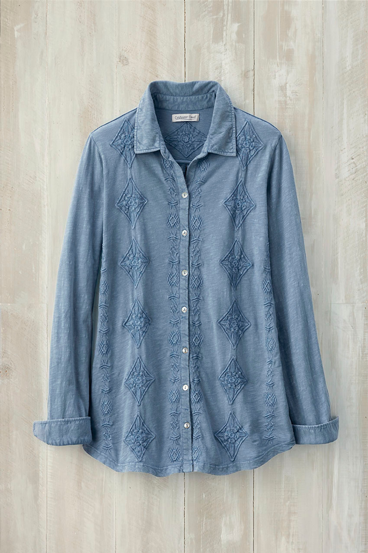 Medallions in Line Button-Front Embroidered Tunic