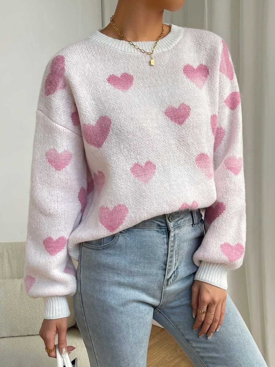 Heart Pattern Drop Shoulder Sweater