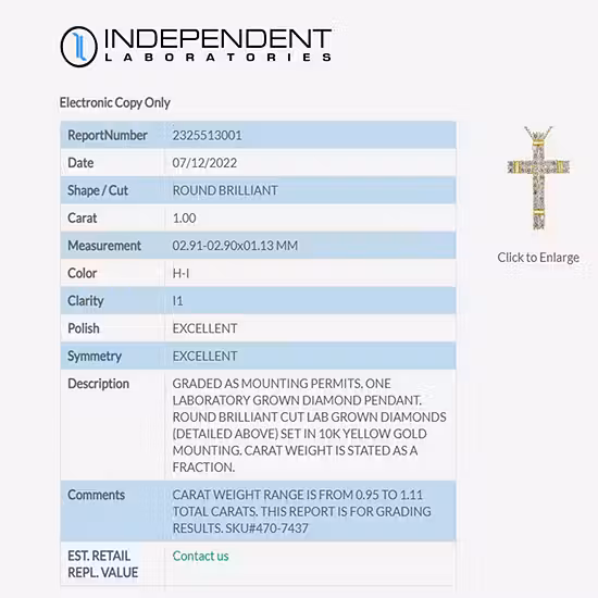 (H-I / I1) Womens 1 CT. T.W. Lab Grown White Diamond 10K Gold Cross Pendant Necklace