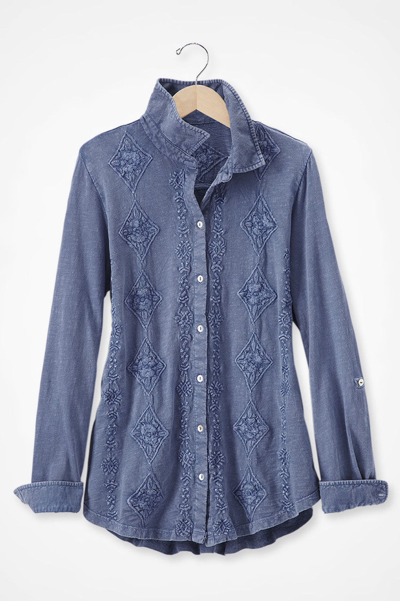 Medallions in Line Button-Front Embroidered Tunic