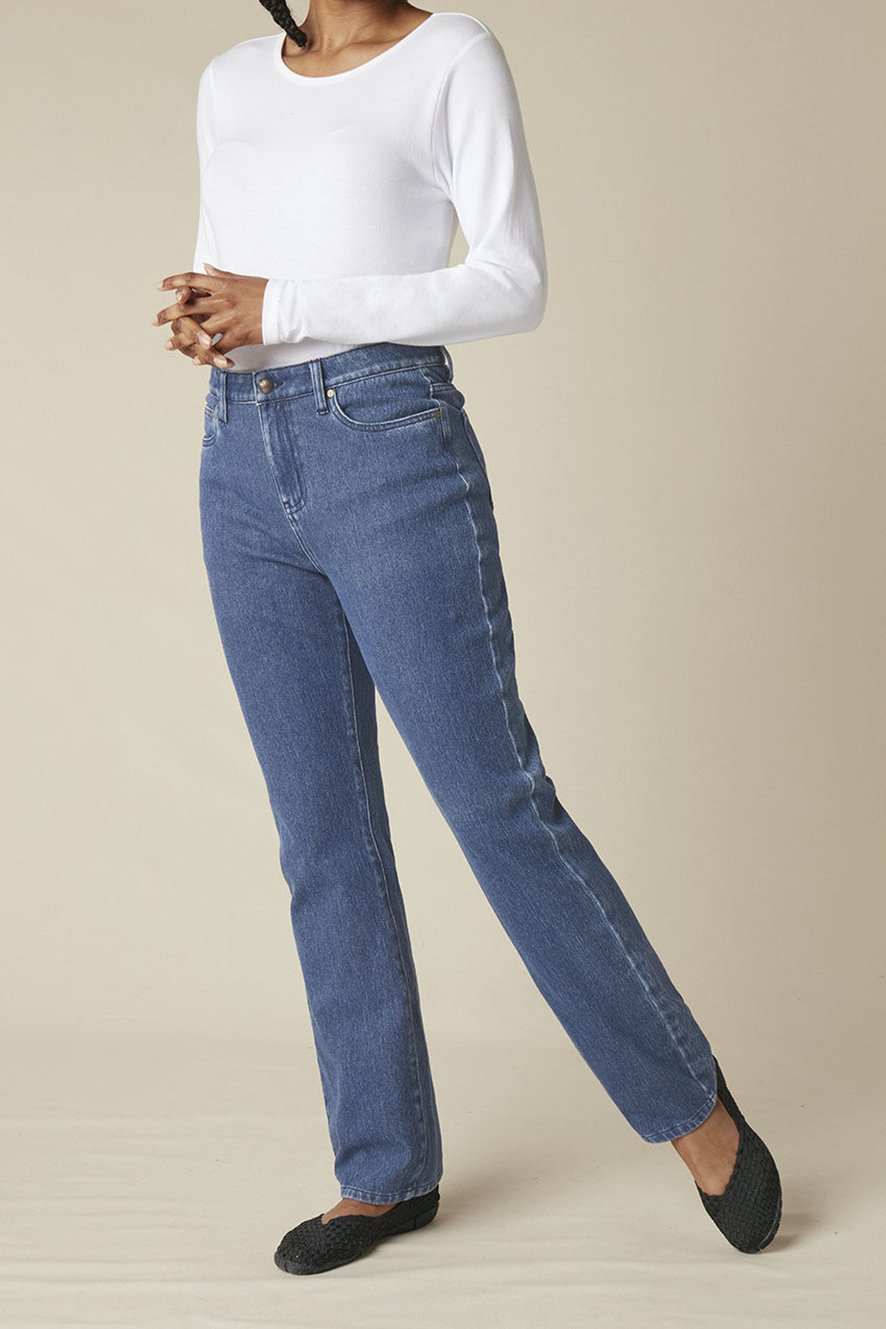Knit High Rise Straight-Leg Jeans