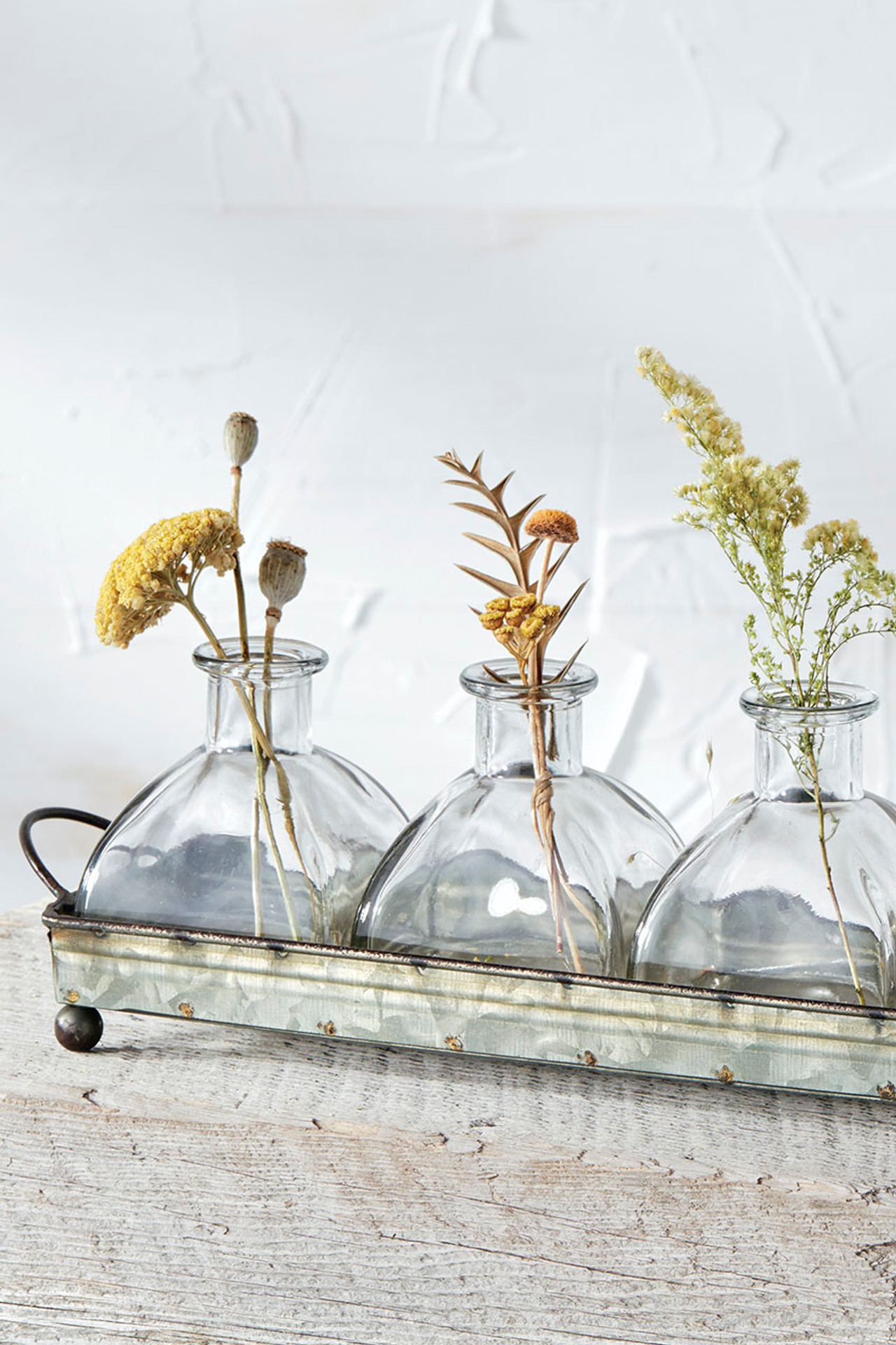 Metal Tray with Glass Vases, Set of 6