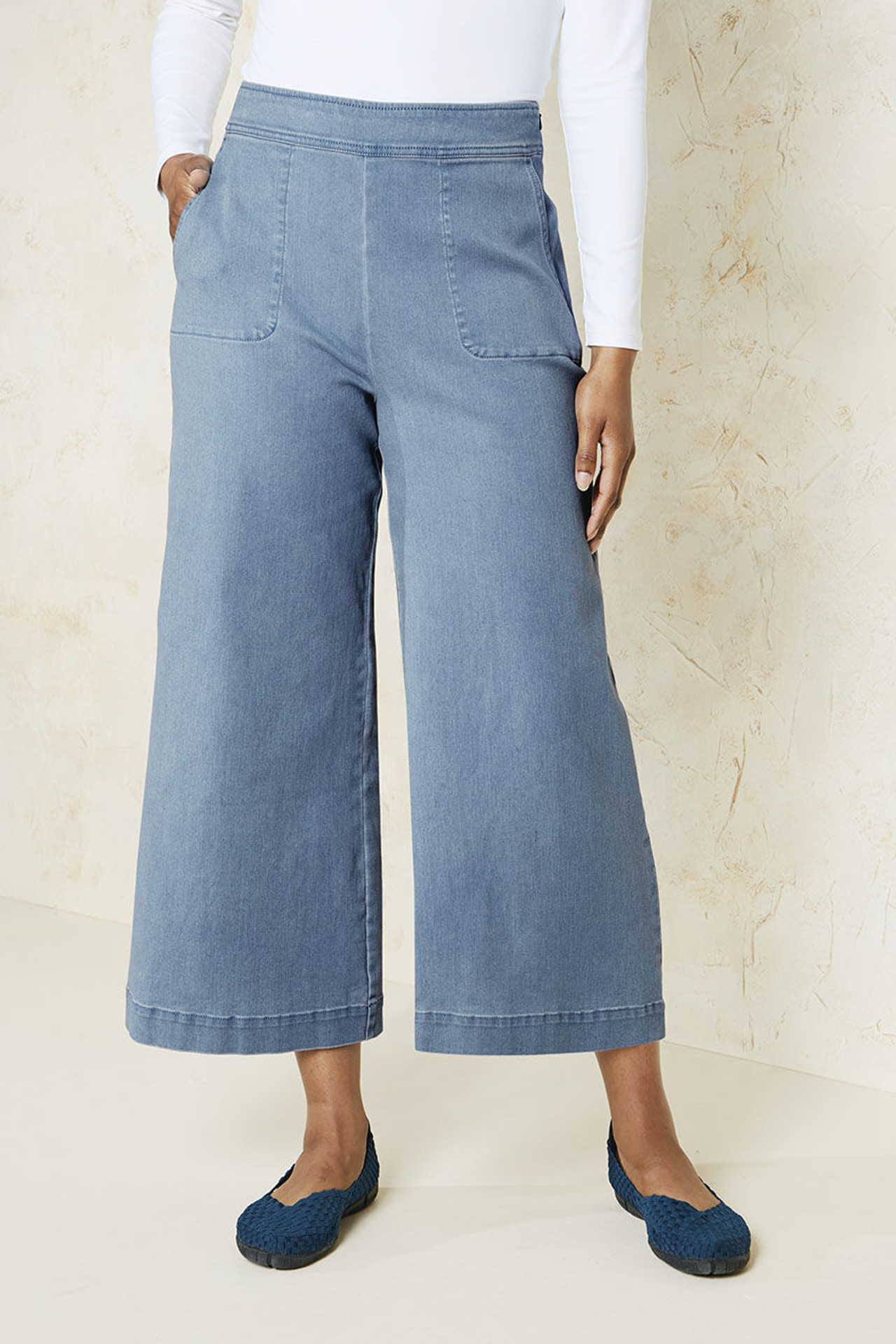 Knit Denim Wide Leg Ankle Jeans