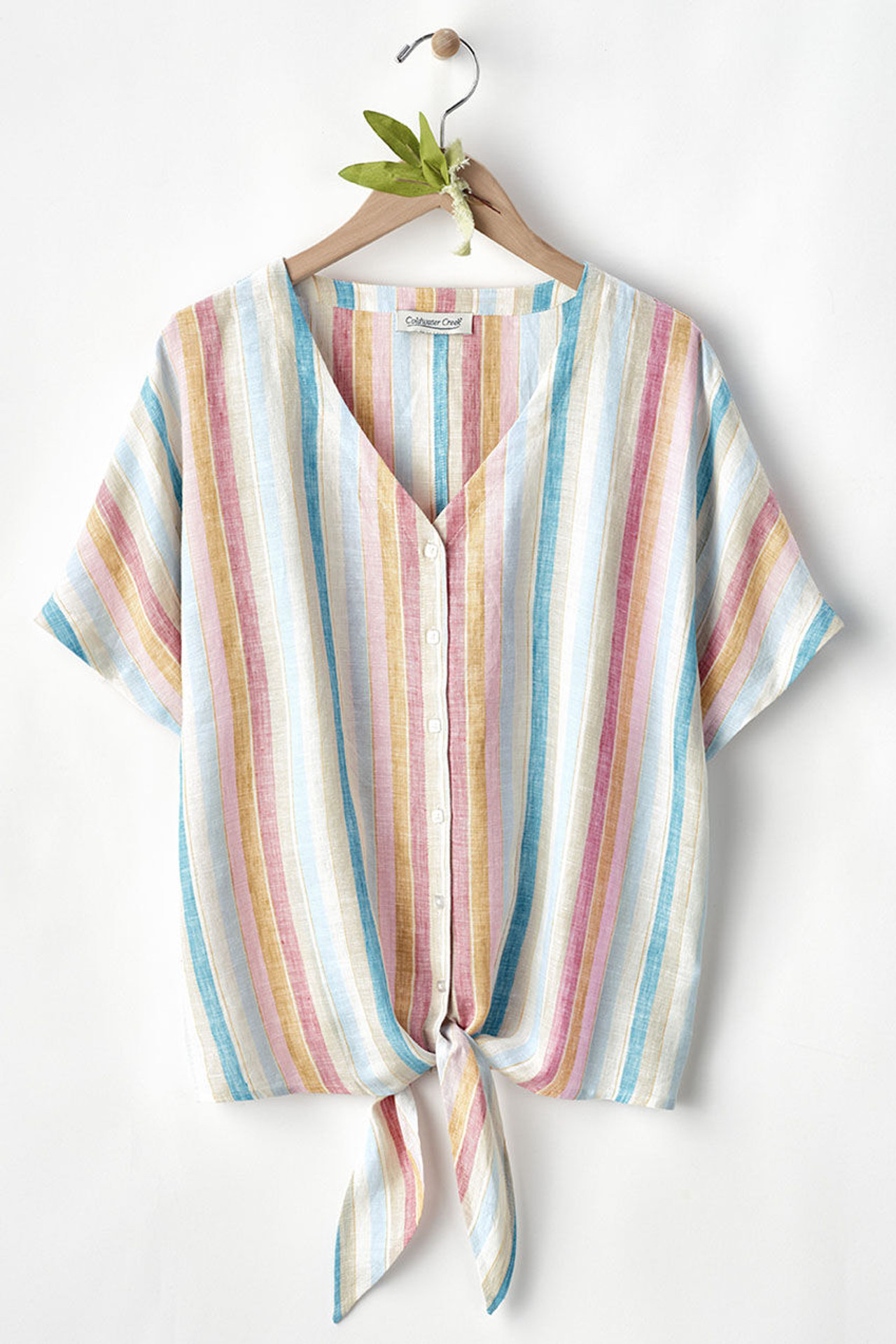 Striped Linen Tie Front Top