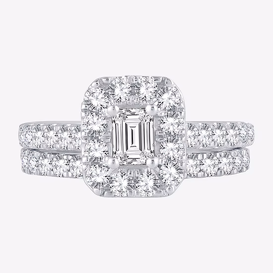 Womens 2 CT. T.W. Mined White Diamond 10K White Gold Halo Bridal Set