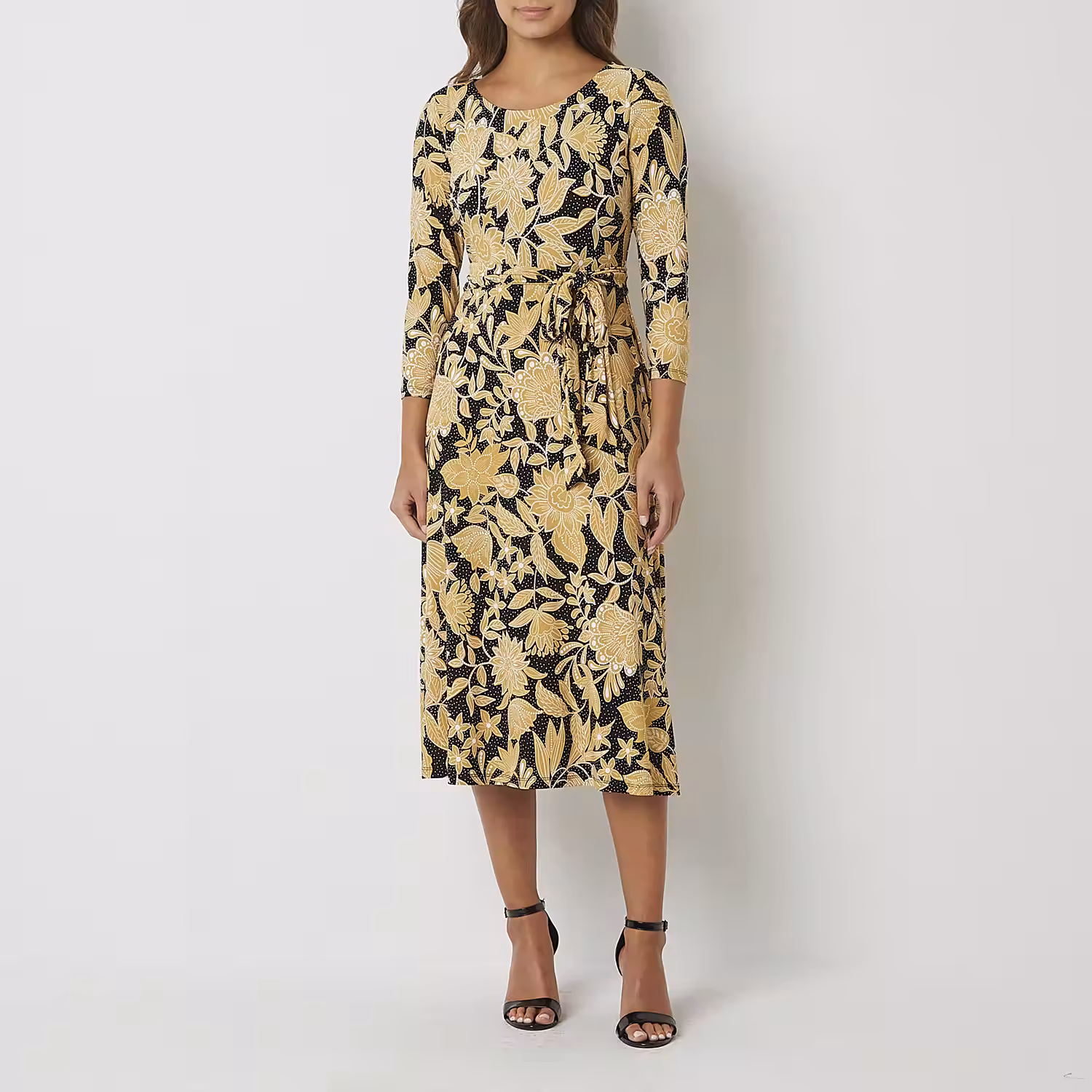 Black Label by Evan-Picone 3/4 Sleeve Floral Midi Fit + Flare Dress