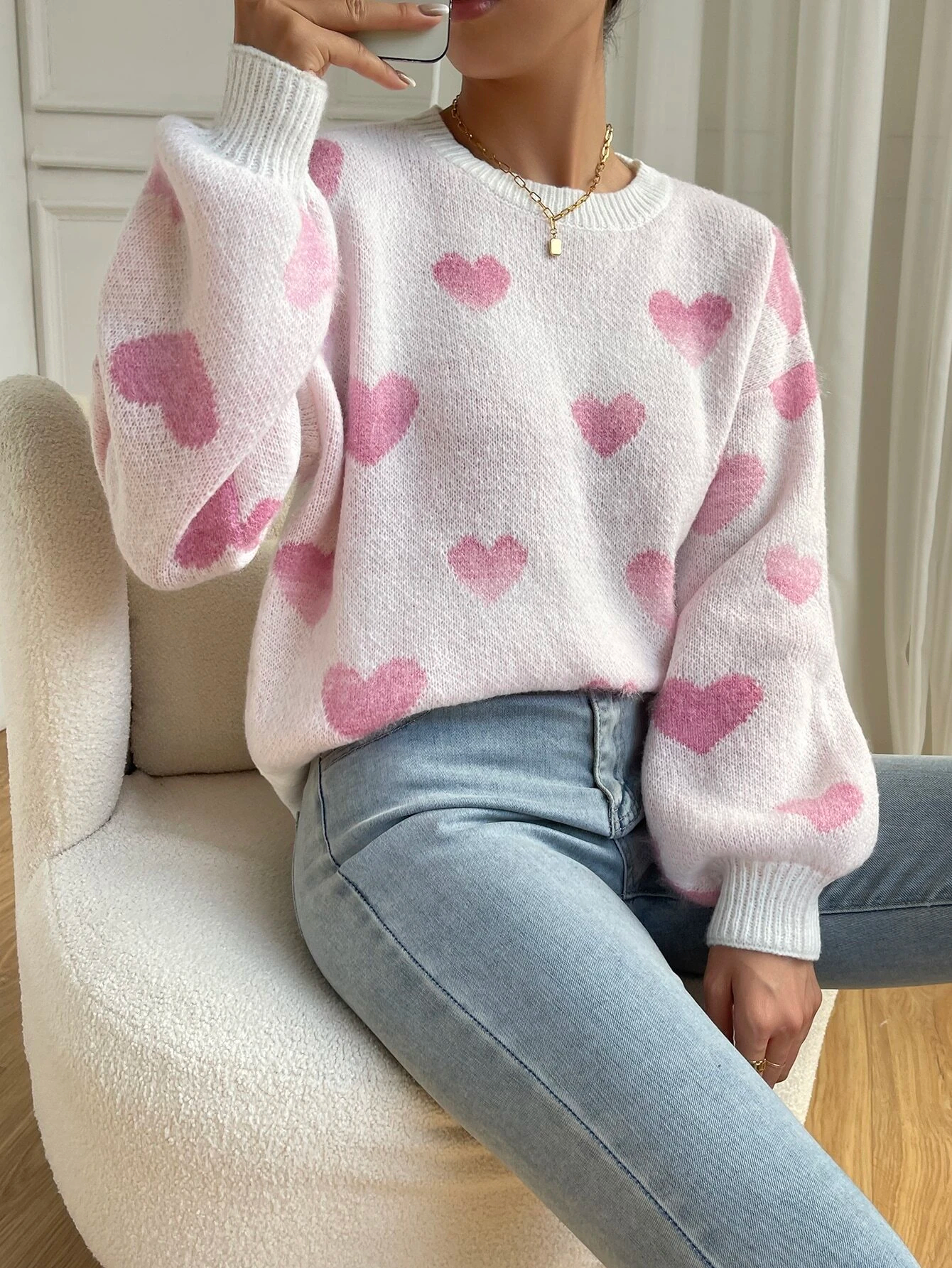 Heart Pattern Drop Shoulder Sweater