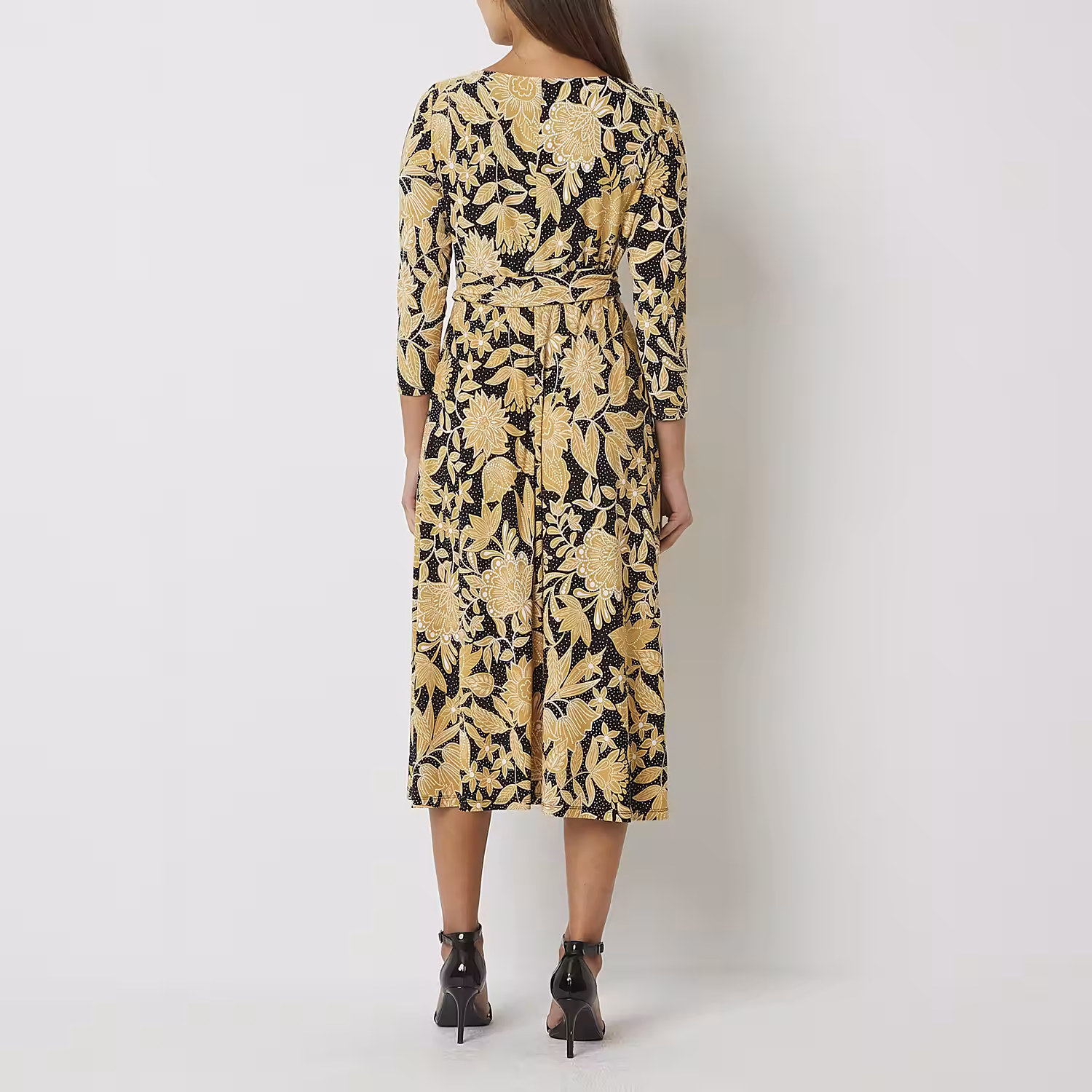 Black Label by Evan-Picone 3/4 Sleeve Floral Midi Fit + Flare Dress