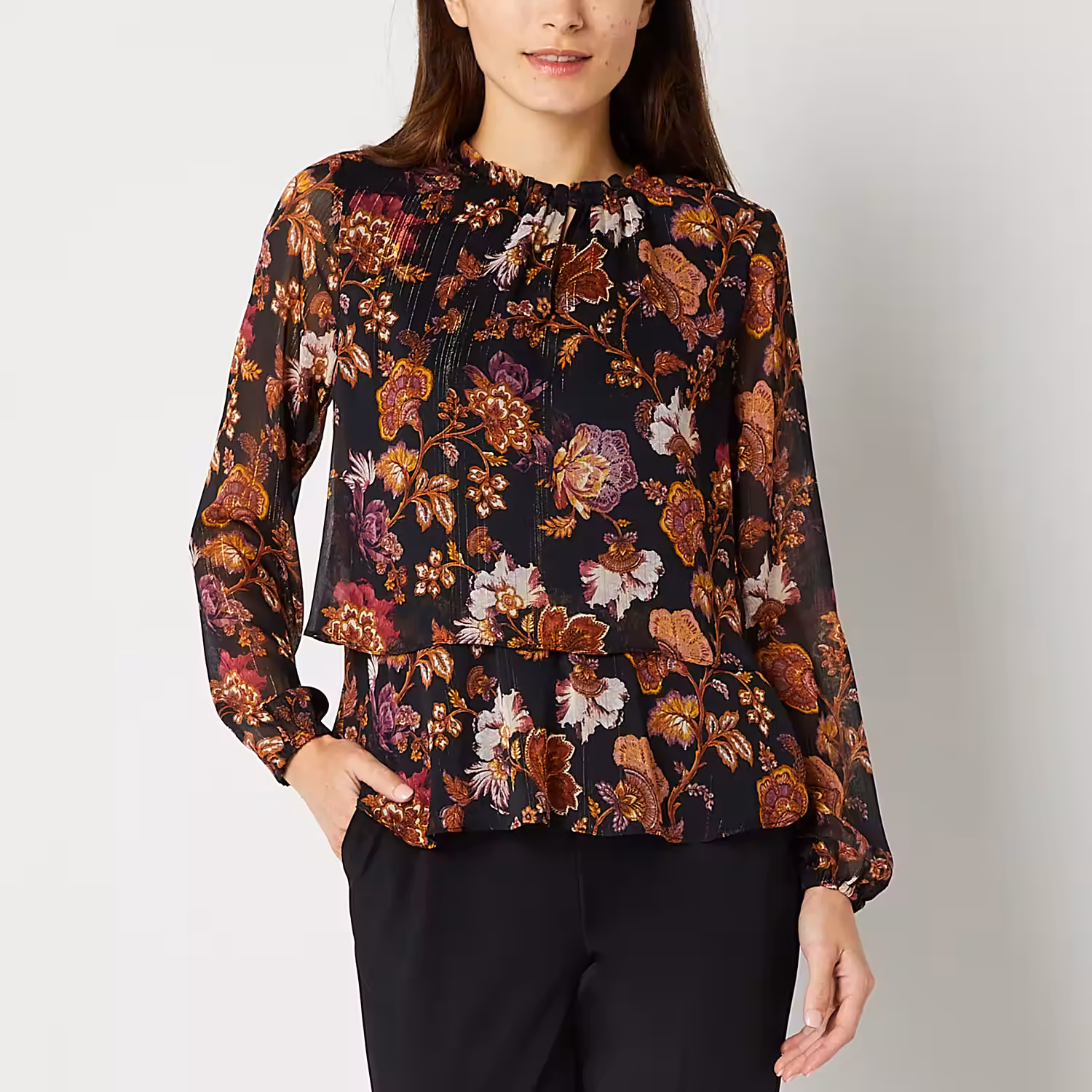 Black Label by Evan-Picone Lurex Womens Mock Neck Long Sleeve Blouse