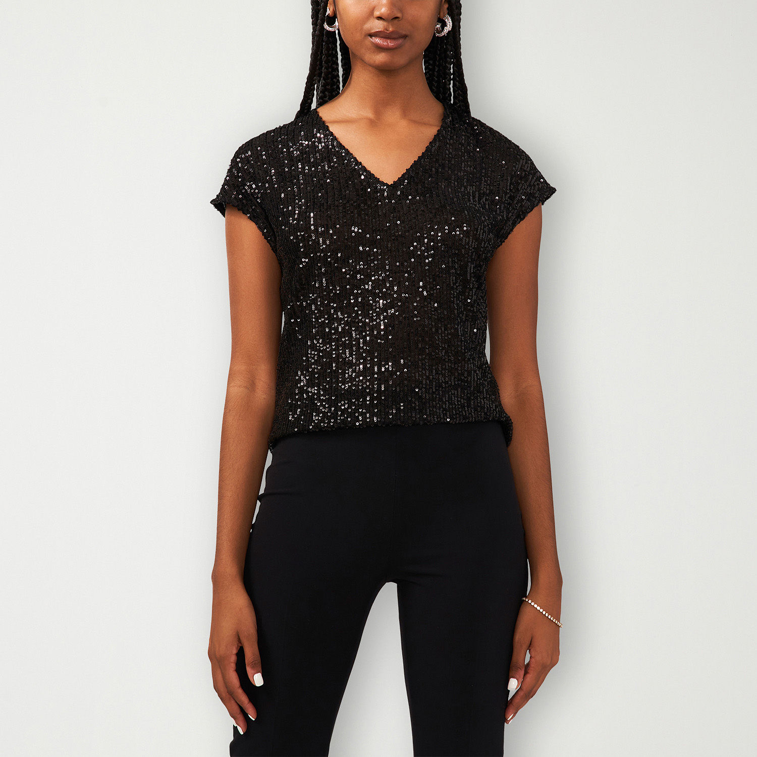 MSK Sequin Womens V Neck Short Sleeve Blouse