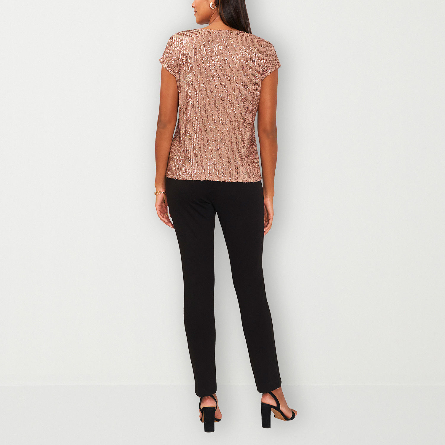 MSK Sequin Womens V Neck Short Sleeve Blouse