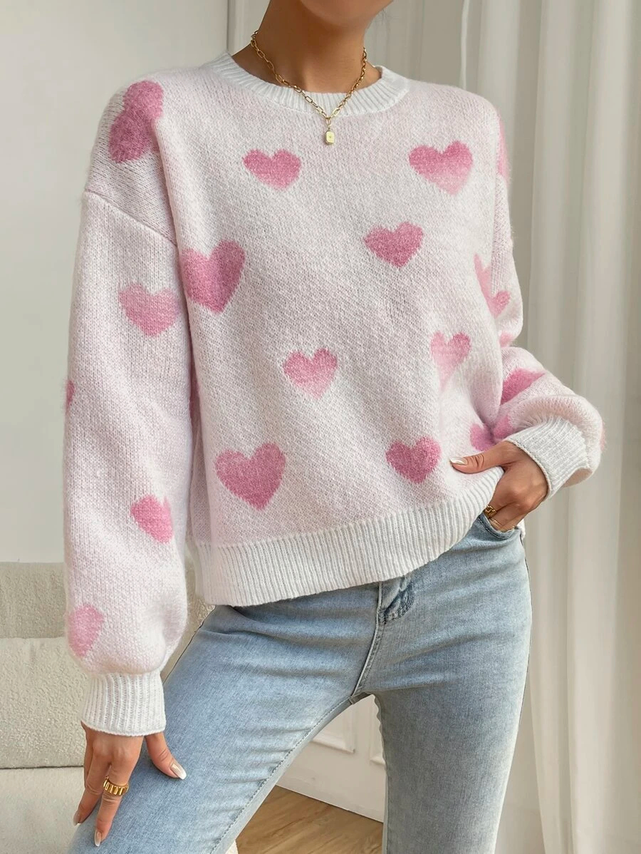Heart Pattern Drop Shoulder Sweater