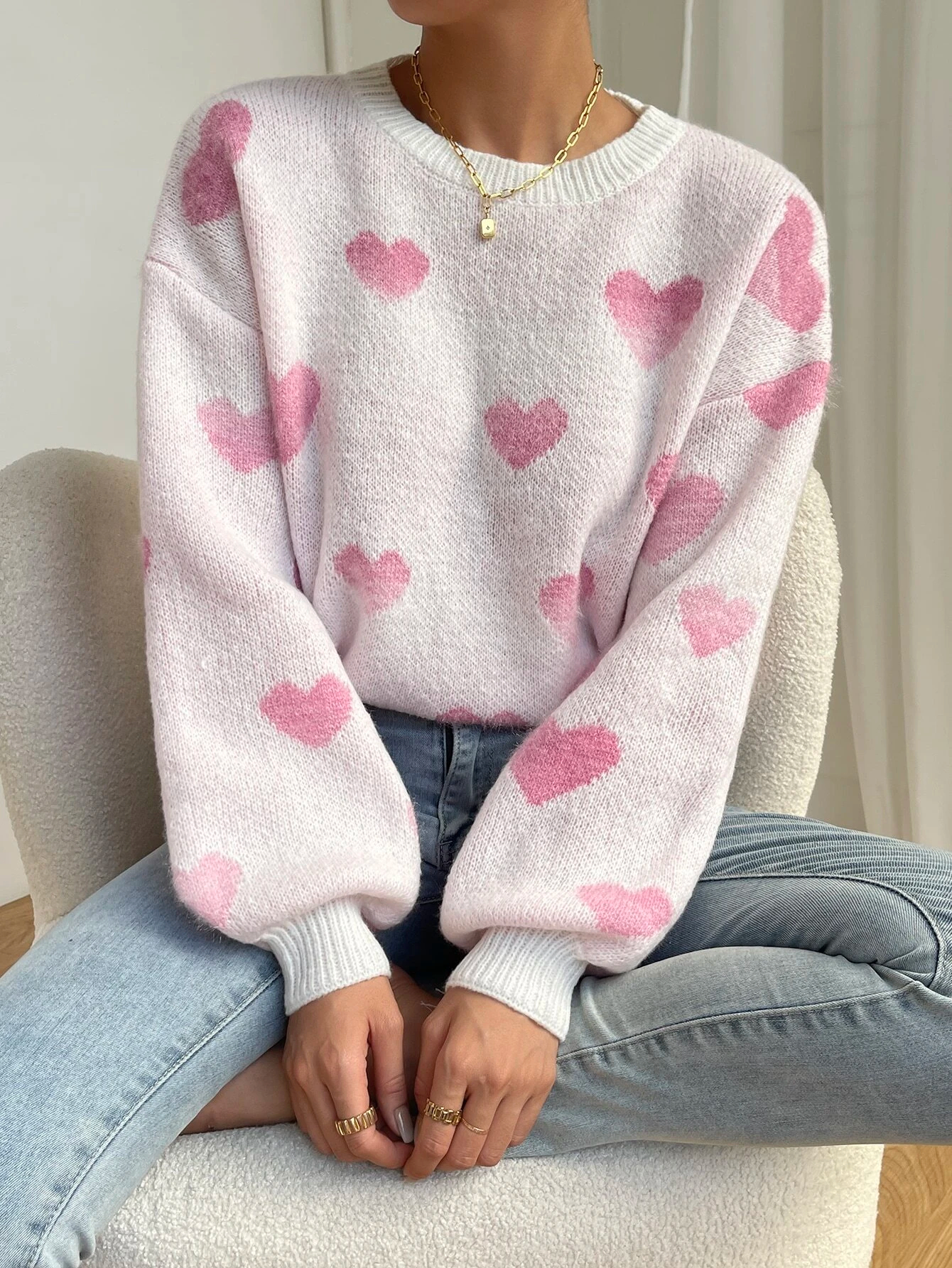 Heart Pattern Drop Shoulder Sweater