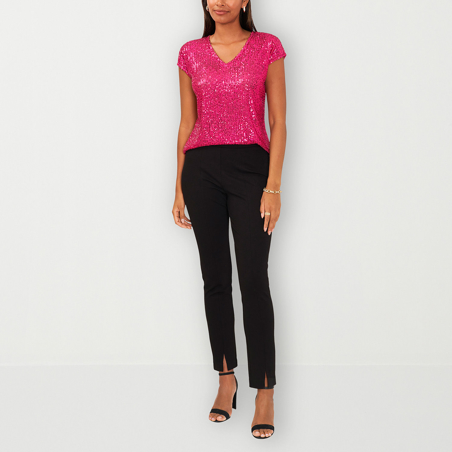 MSK Sequin Womens V Neck Short Sleeve Blouse
