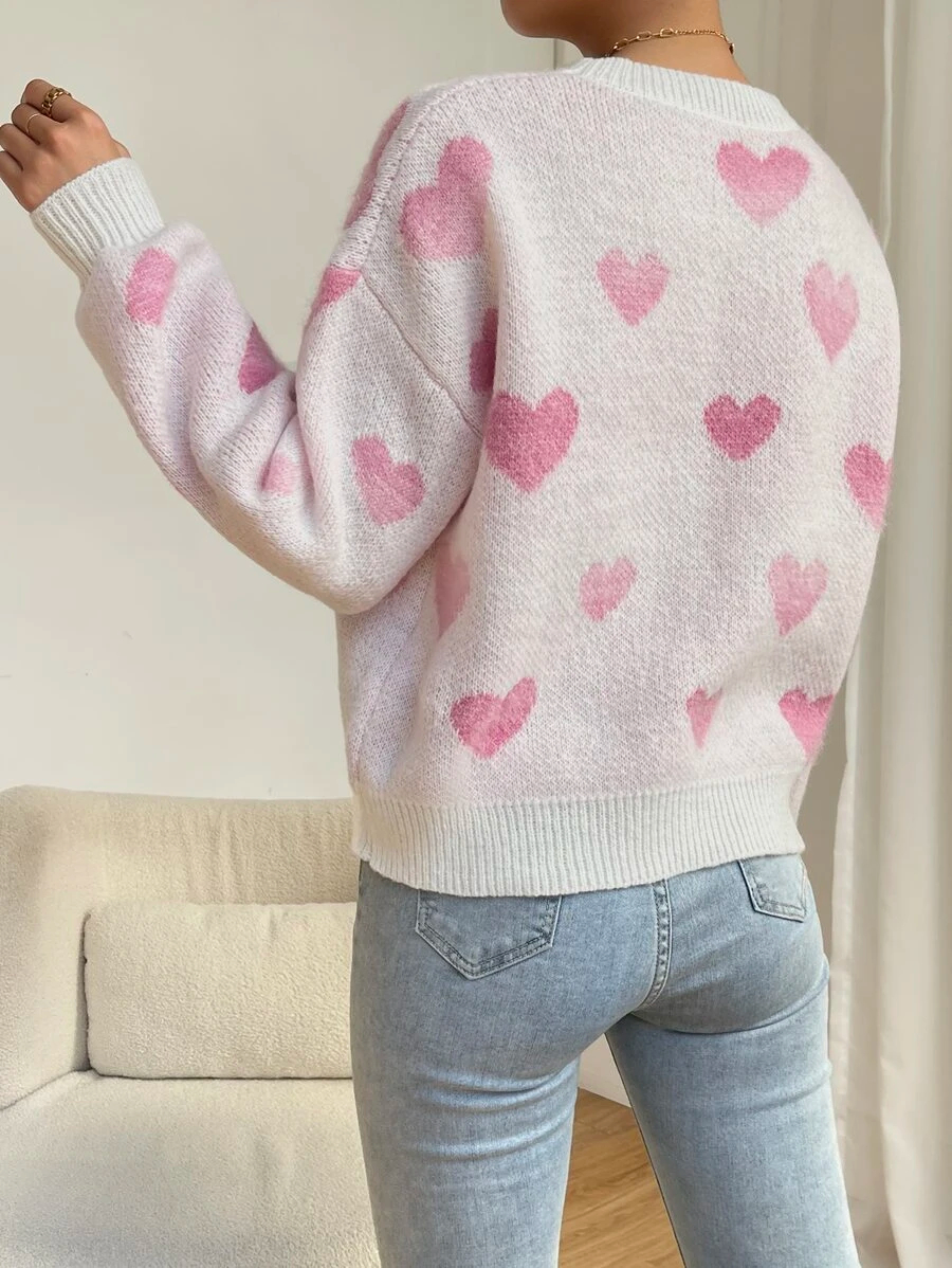 Heart Pattern Drop Shoulder Sweater