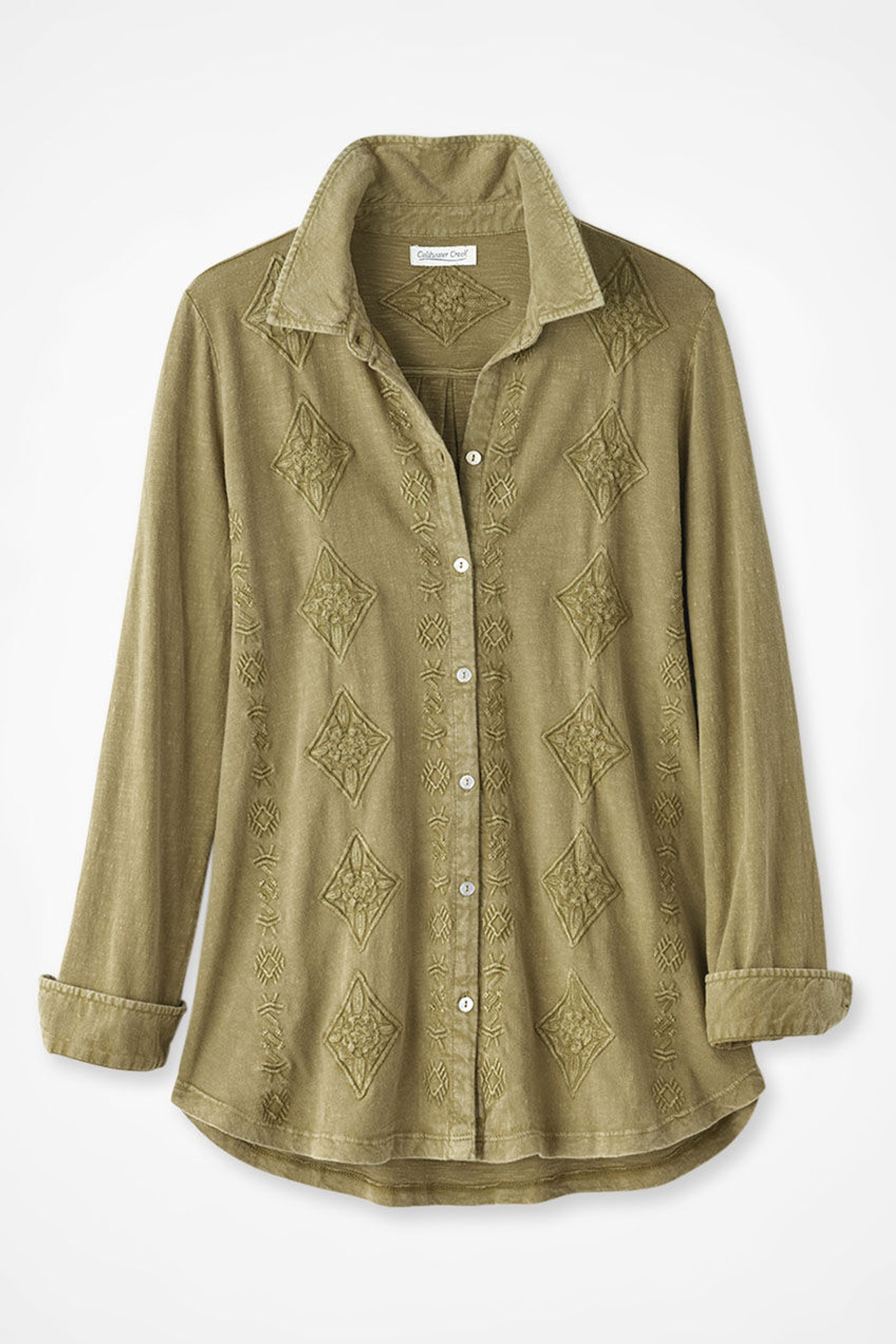 Medallions in Line Button-Front Embroidered Tunic