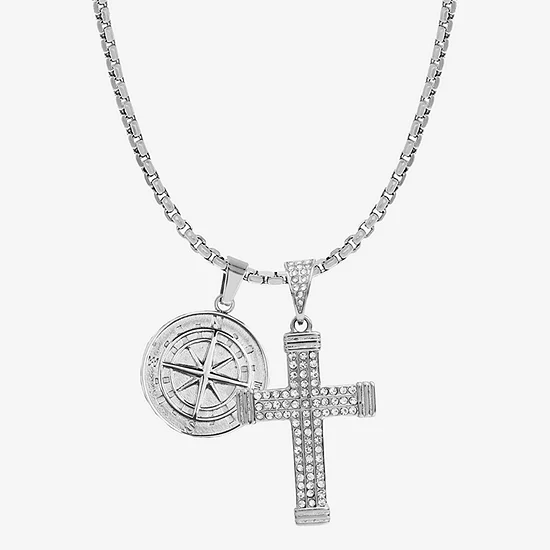 Mens Black Cubic Zirconia Stainless Steel Cross Pendant Necklace