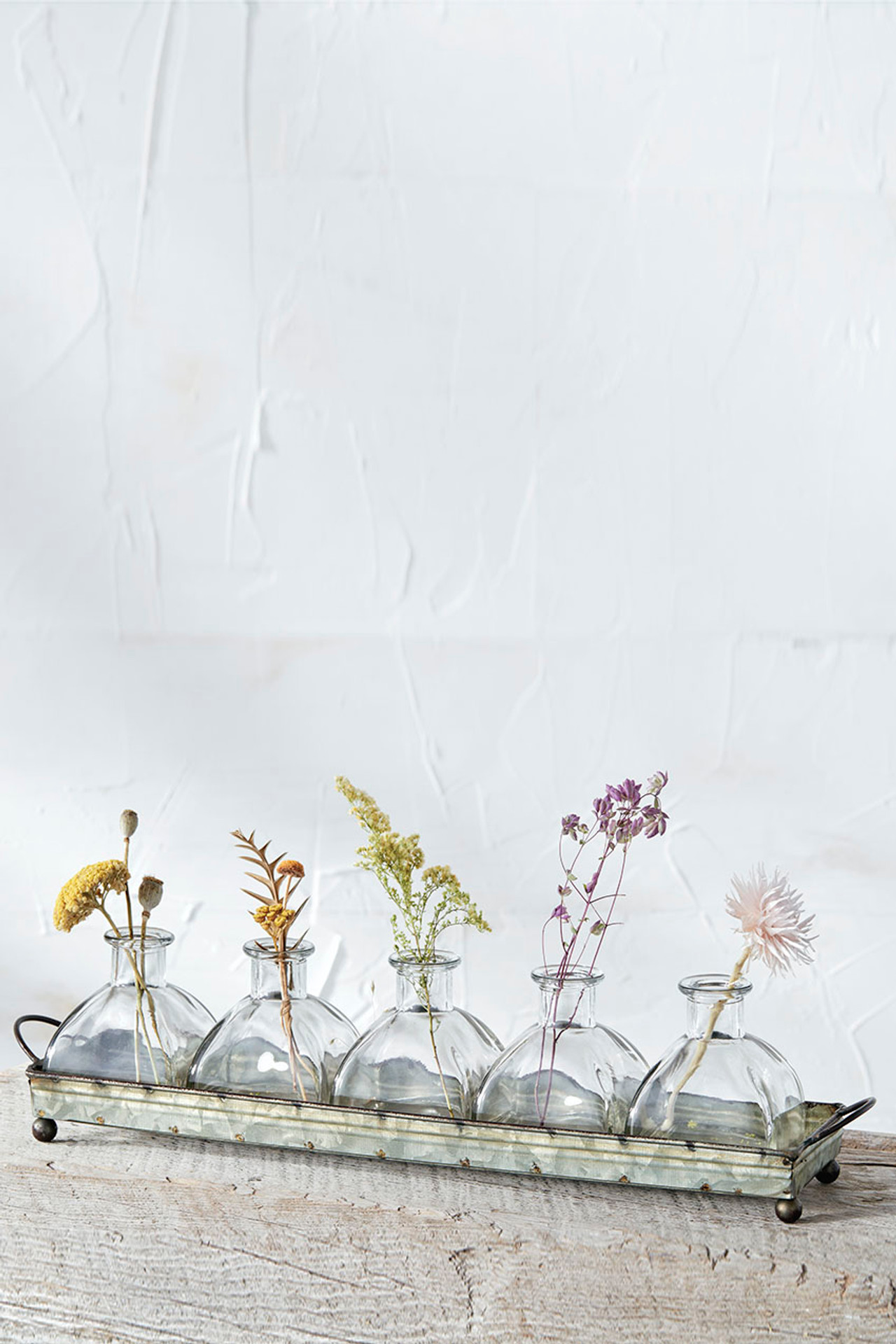 Metal Tray with Glass Vases, Set of 6