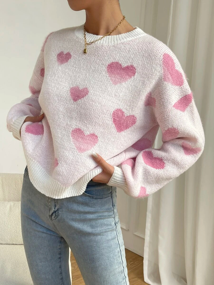 Heart Pattern Drop Shoulder Sweater