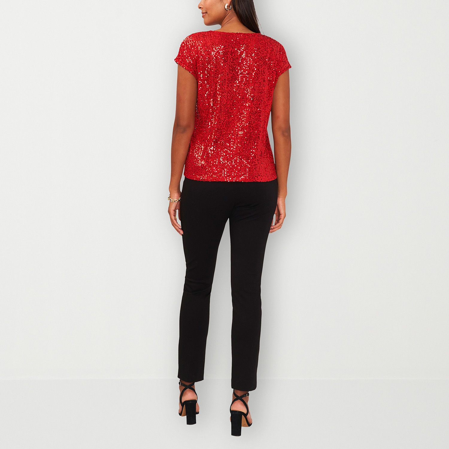 MSK Sequin Womens V Neck Short Sleeve Blouse