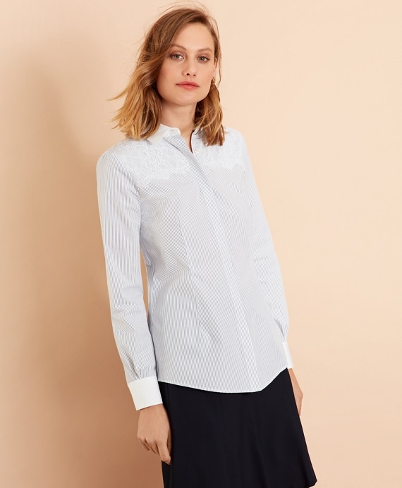 Lace-Yoke Striped Cotton Poplin Shirt