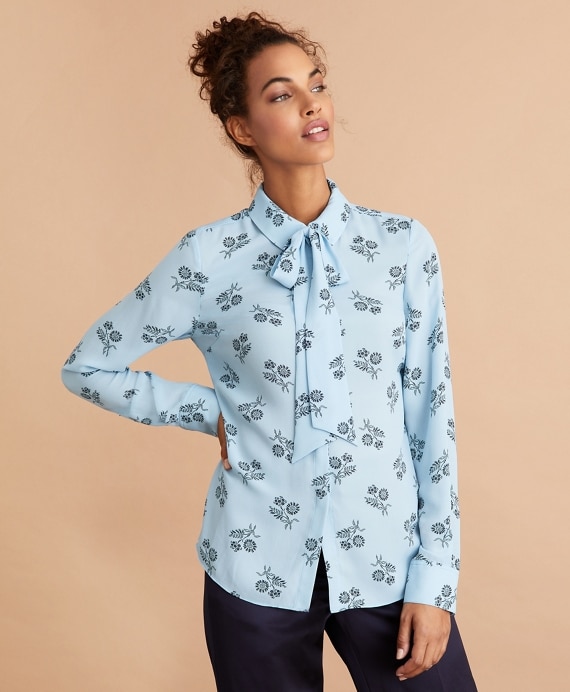 Floral-Print Bow-Neck Crepe Shirt