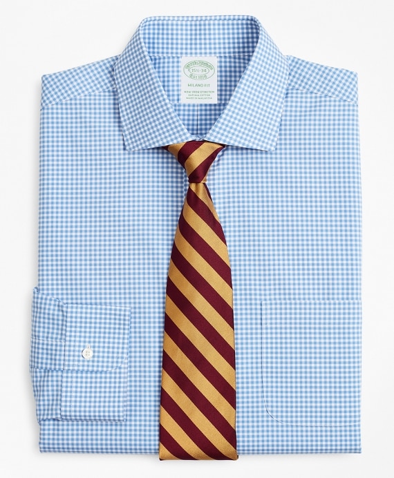 Stretch Milano Slim-Fit Dress Shirt, Non-Iron Poplin English Collar Gingham