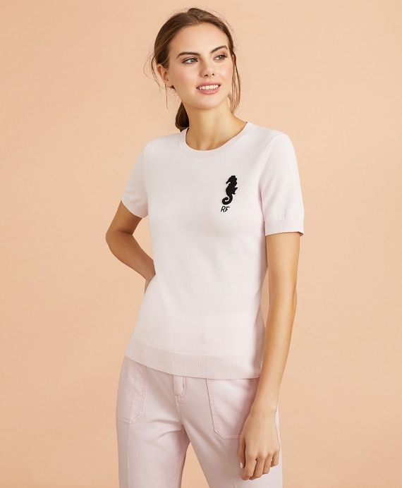 Beaded Seahorse Short-Sleeve Cotton Sweater