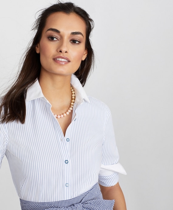 Petite Non-Iron Striped Supima® Cotton Dobby Contrast-Collar Fitted Shirt